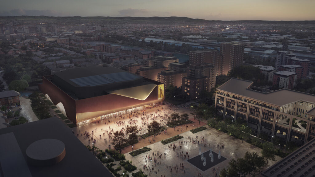 artists impression of an aerial view of the new cardiff arena